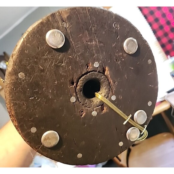 Handmade Folk Art Lamp Rustic Wood Base Textile Spools Painted Cottage Shade - Picture 9 of 13